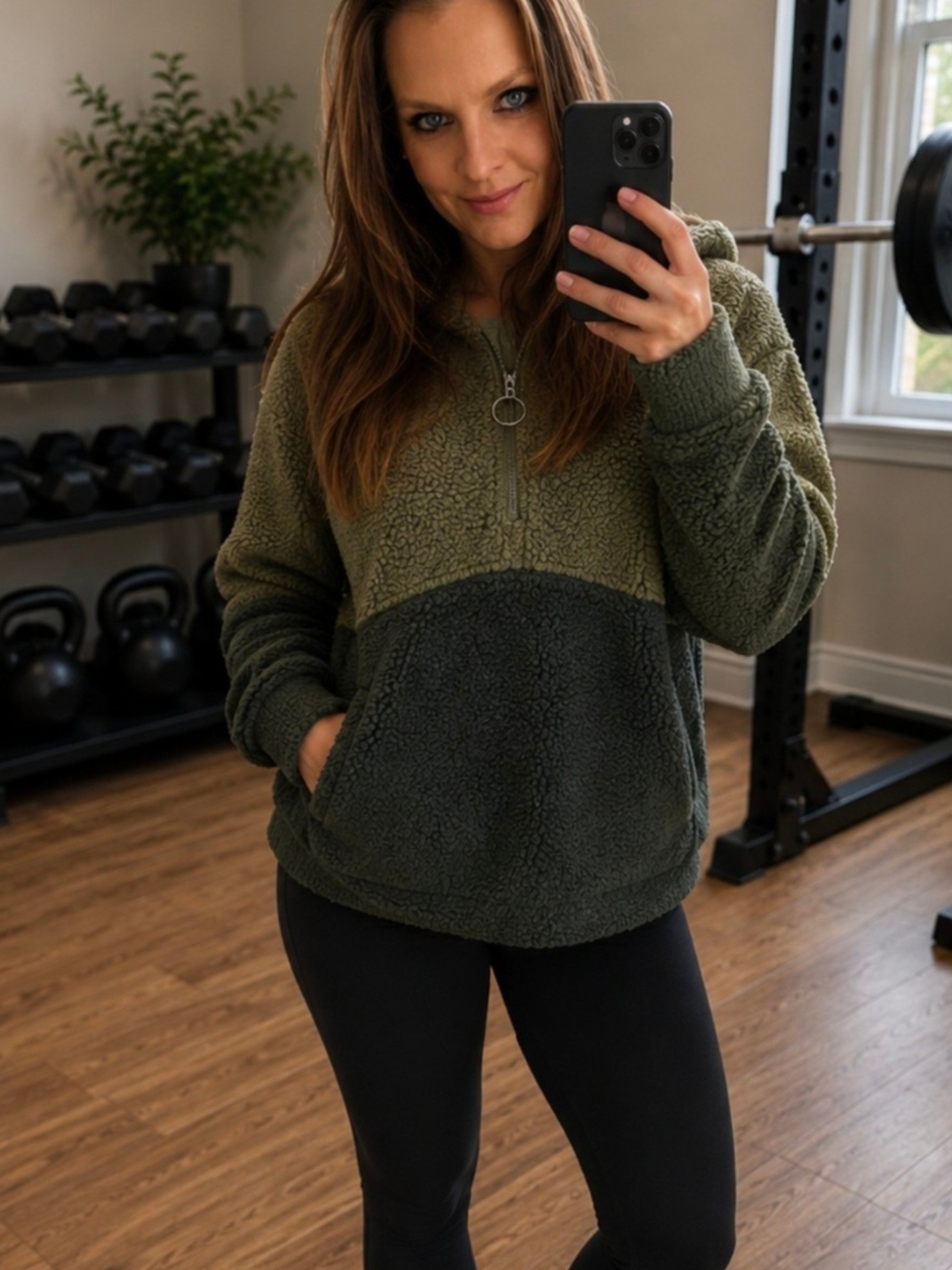 PINK Victoria's Secret Sherpa Half-Zip Hoodie | Colorblock Green | Size Small